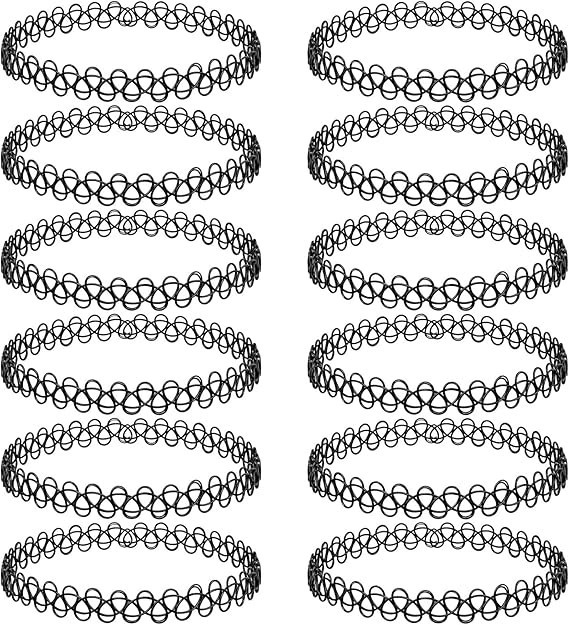 12PC 90s Tattoo Choker Necklace Set – Black Stretchy Elastic Vintage Trendy Y…