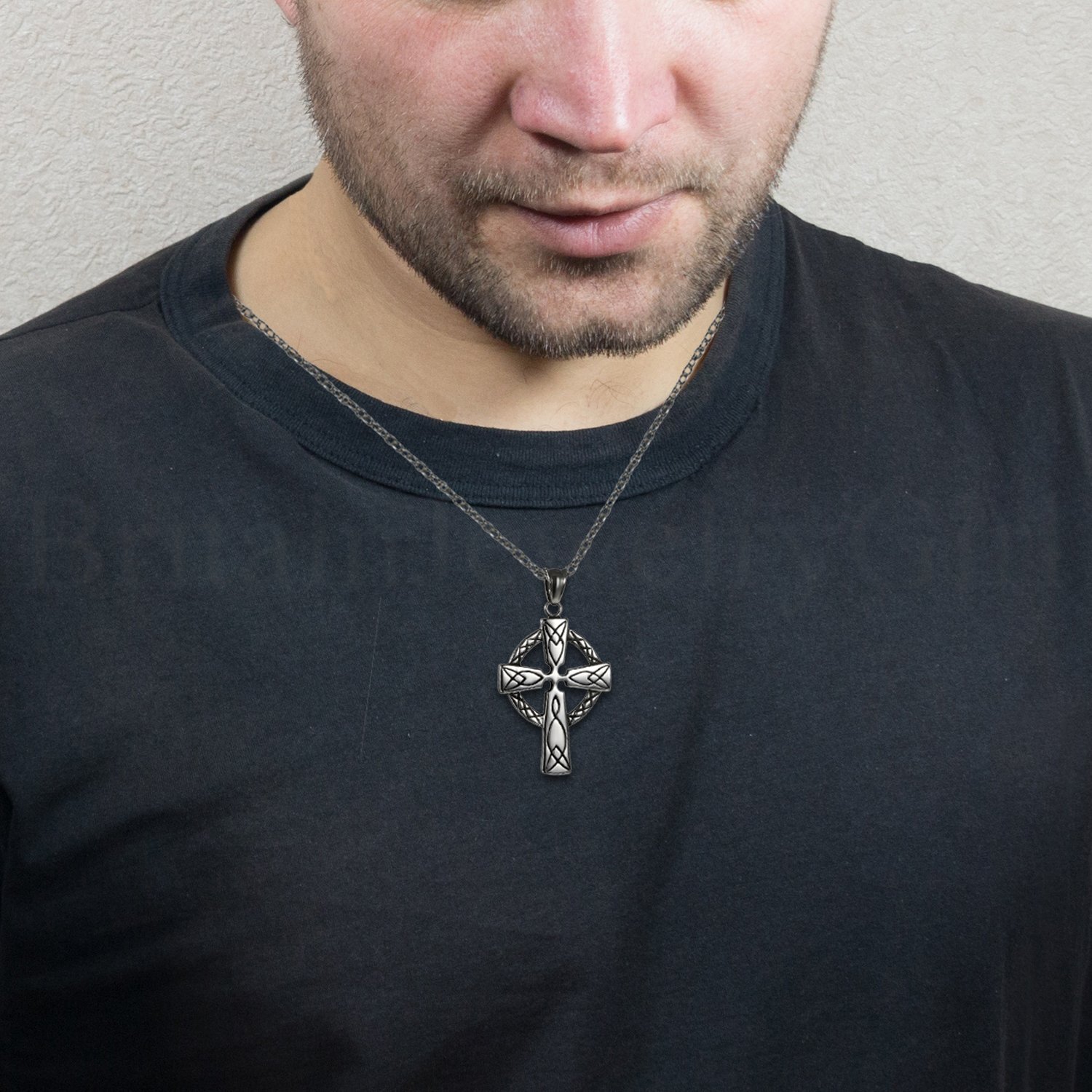 Vintage Men’s Stainless Steel Irish Celtic Knot Cross Pendant Necklace 22”