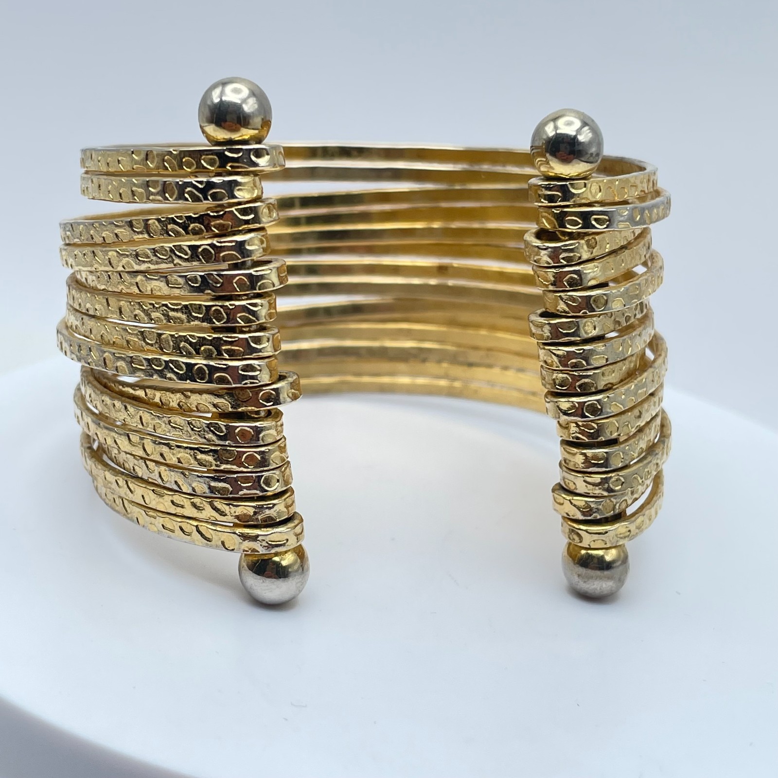 Gladiator-Style Gold Tone Wide Multi-Band Stacked Hammered Open Cuff Bracelet