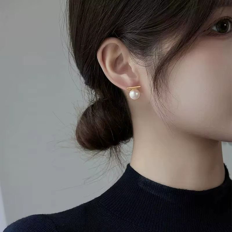 Simple Imitation Pearl Stud Earrings Gold Color Alloy Acrylic Beads Earring for
