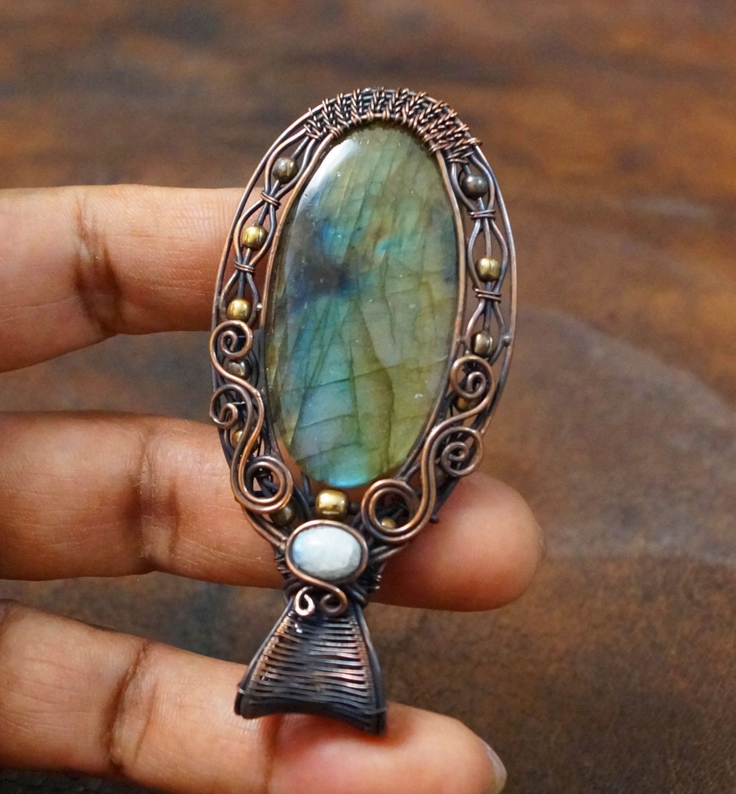 Green flash Labradorite Copper Wire Wrapped Pendant Handmade Gift Jewelry (PD-86