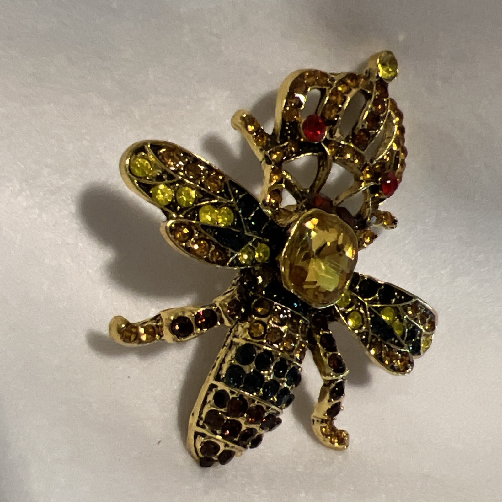 Queen Bee Brooch Crown Gold Tone Insect Pin Red Yellow Blue