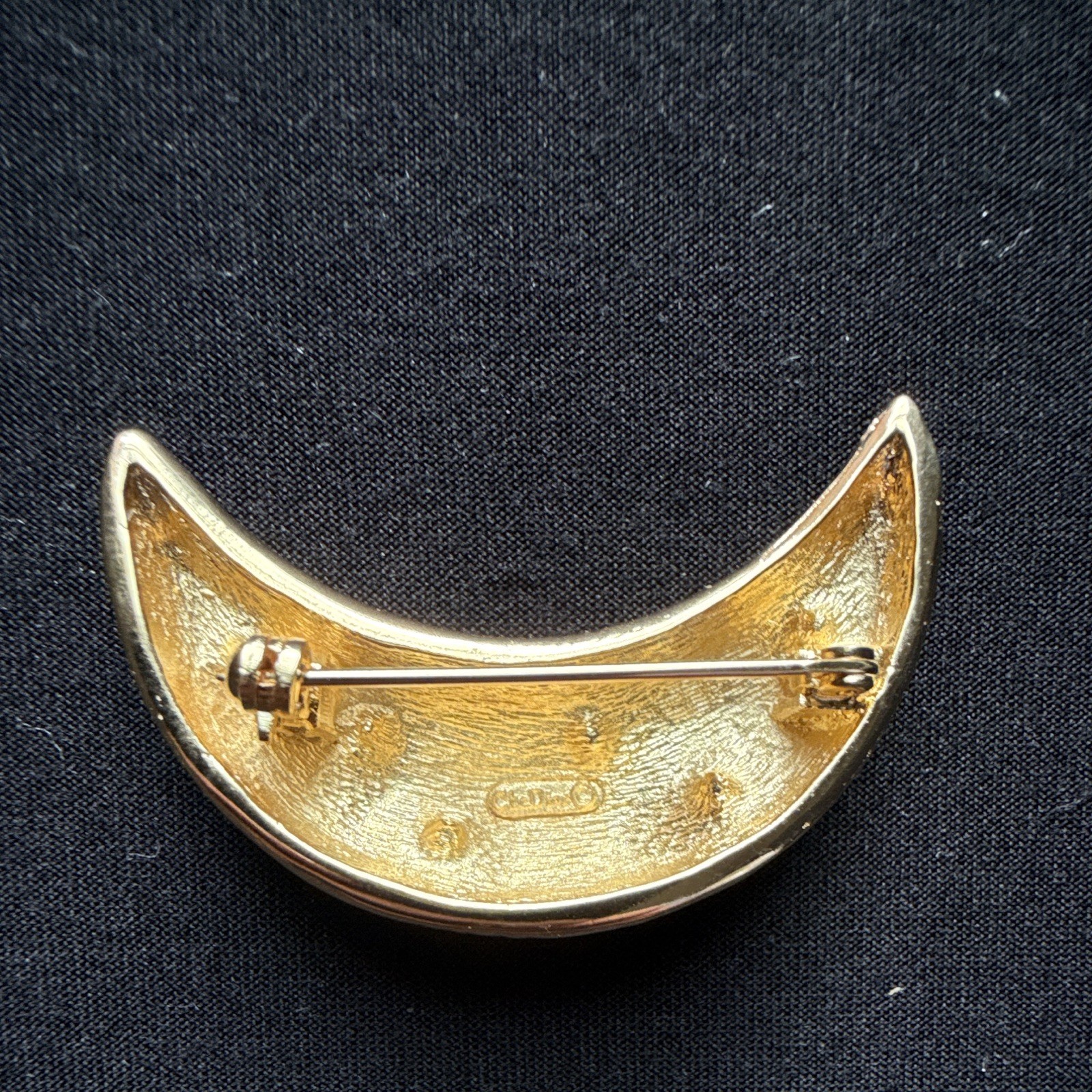 Vintage Christian Dior Gold Plate Textured Crescent Moon Brooch Pin Rhinestones
