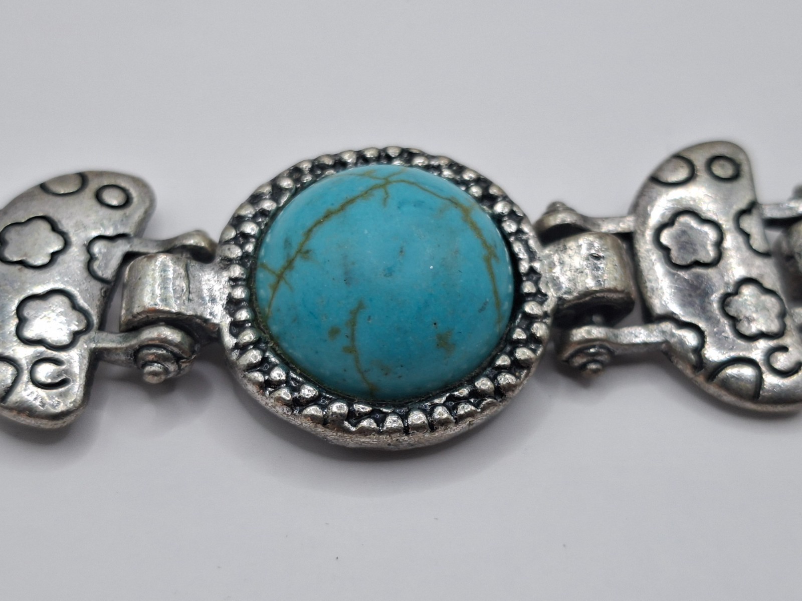 Turquoise Style Blue Stone Silver Tone Link Bracelet Boho Jewelry