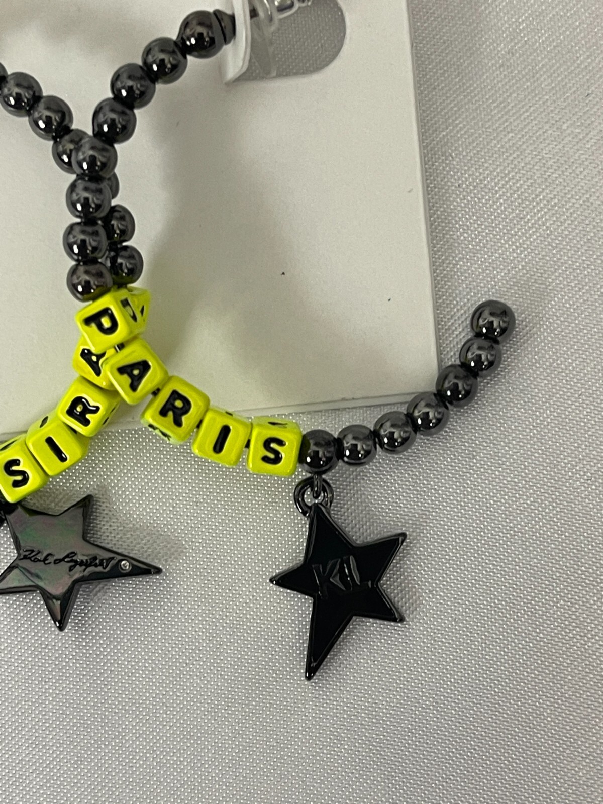 Karl Lagerfeld Logo Black Beaded Star Chartreuse Paris Letters C-Hoop Earrings