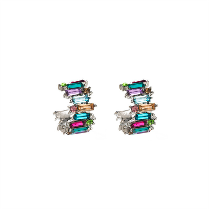 Inlaid Color Diamond C- Shaped Personality Simple Female Earrings Alloy