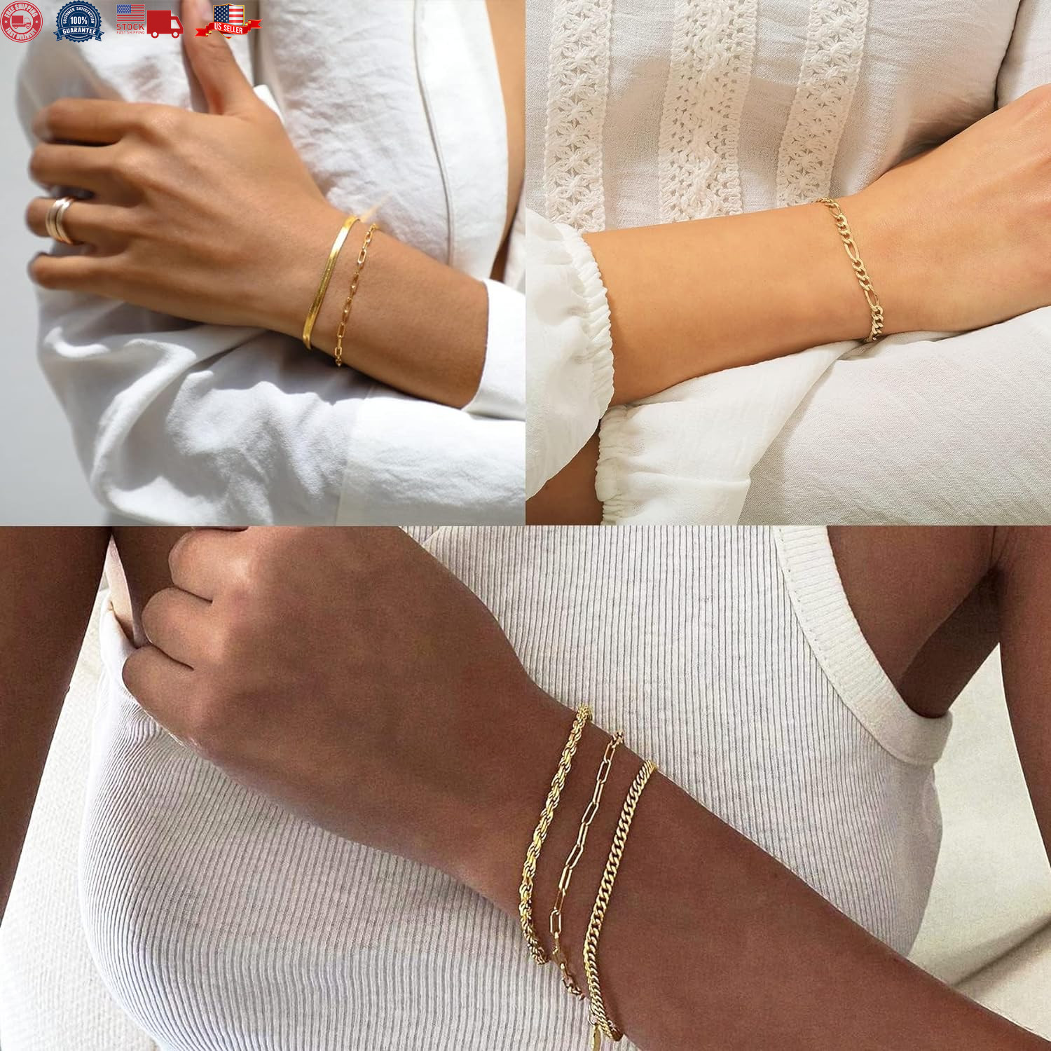 Gold Bracelets for Women Waterproof, 14K Real Gold Jewelry Sets for Women Trendy