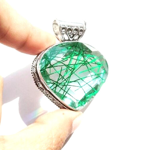 Green Rutialted Quartz Gemstone 925 Sterling Silver Handmade Jewelry Pendant
