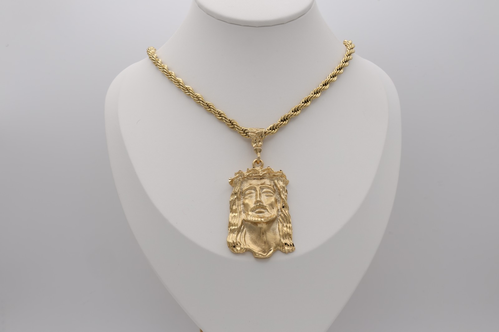Large Gold Jesus Necklace For Men, 14K Heavy Plated Gold 5mm Rope Chain, No Fade