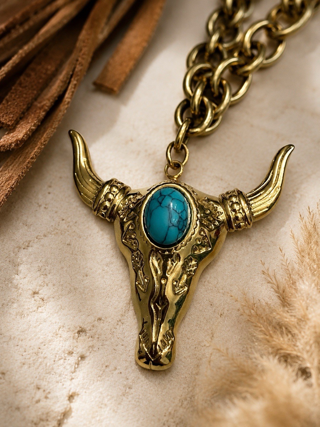 18k Gold Plated Bull Skull Charm Pendant Necklace Blue Turquoise Cable Chain