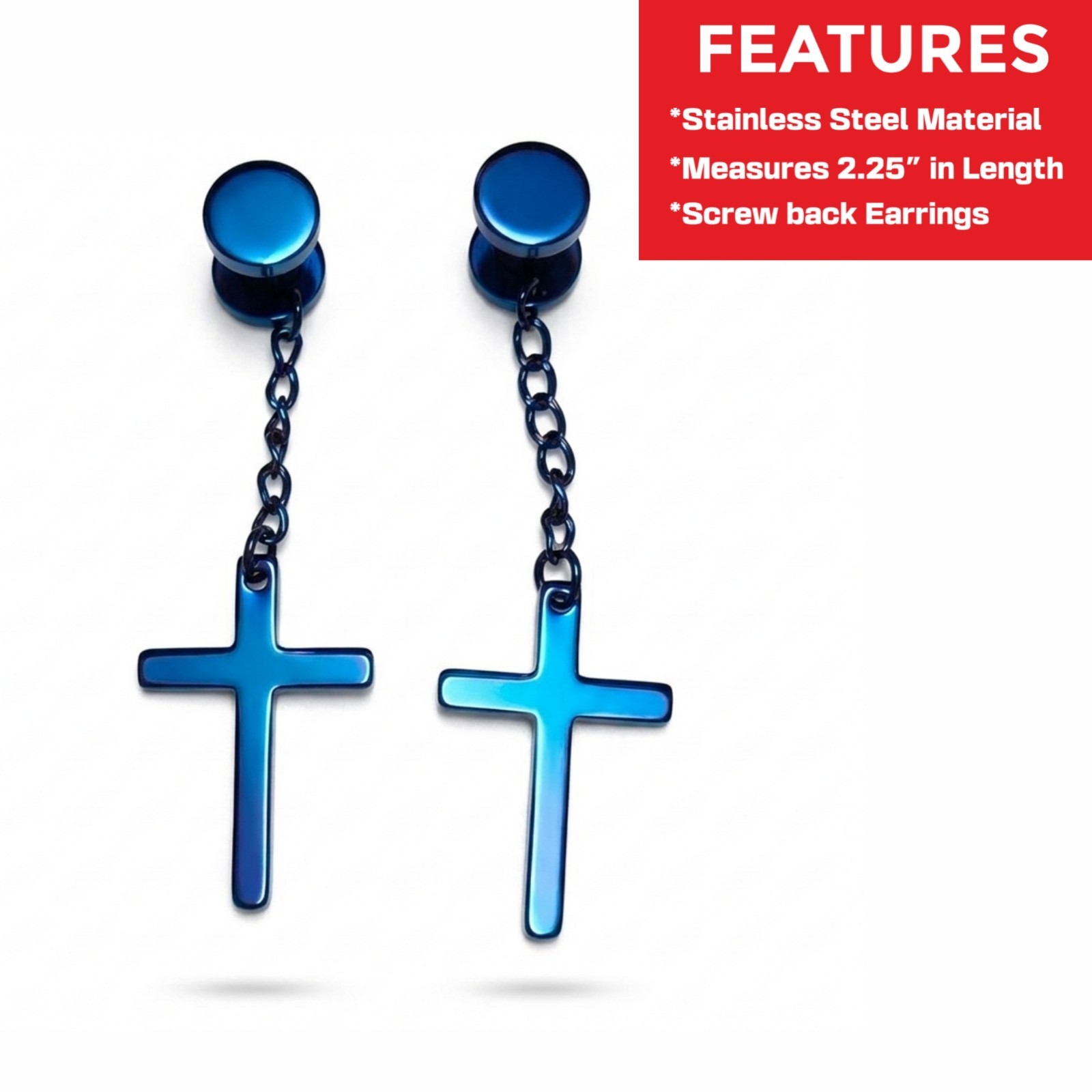 Stainless Steel Blue Cross Earrings Dangle Drop Men’s Women’s Unisex Punk Goth