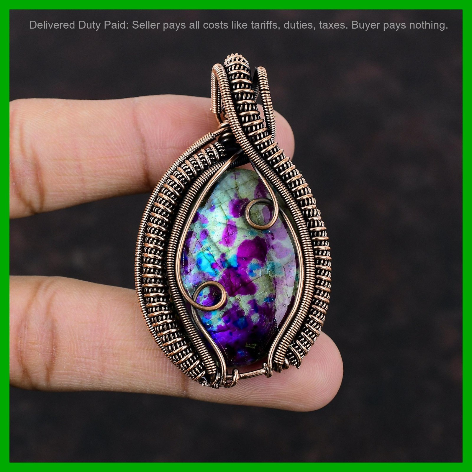 Copper Oval Natural Multi Fire Labradorite Wire Wrapped Birthday Pendant Jewelry