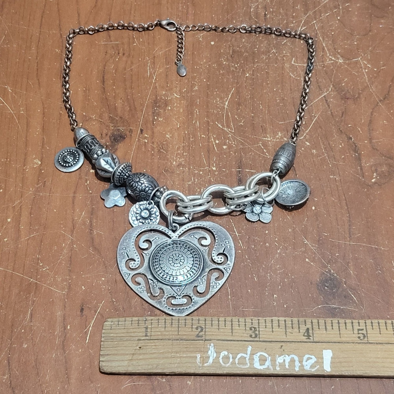 Silver Tone Heart Charm Necklace Earring Set Floral Accents