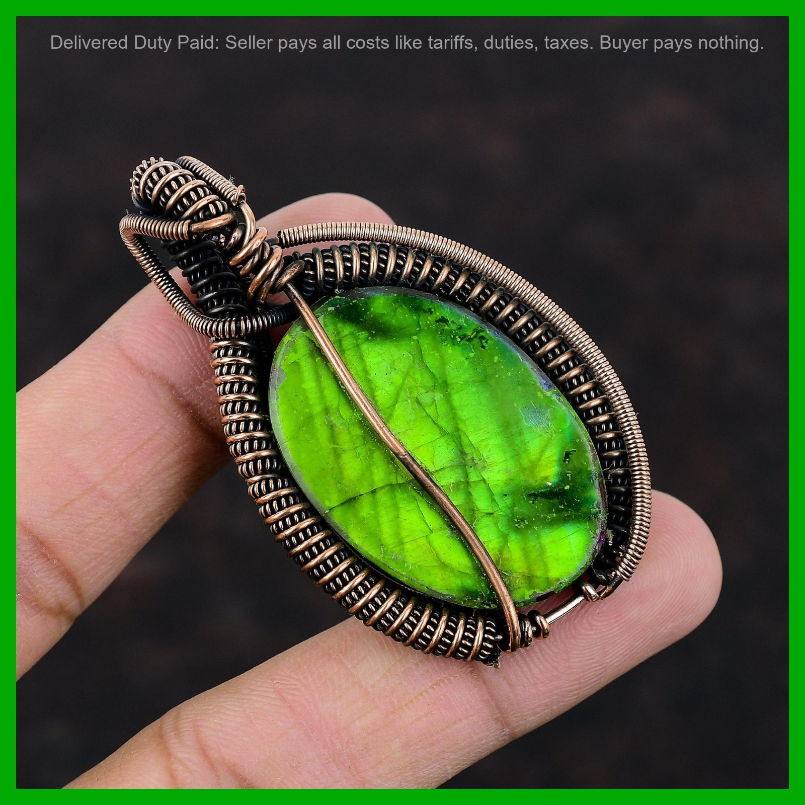 Copper Oval Natural Multi Fire Labradorite Wire Wrapped Birthday Pendant Jewelry
