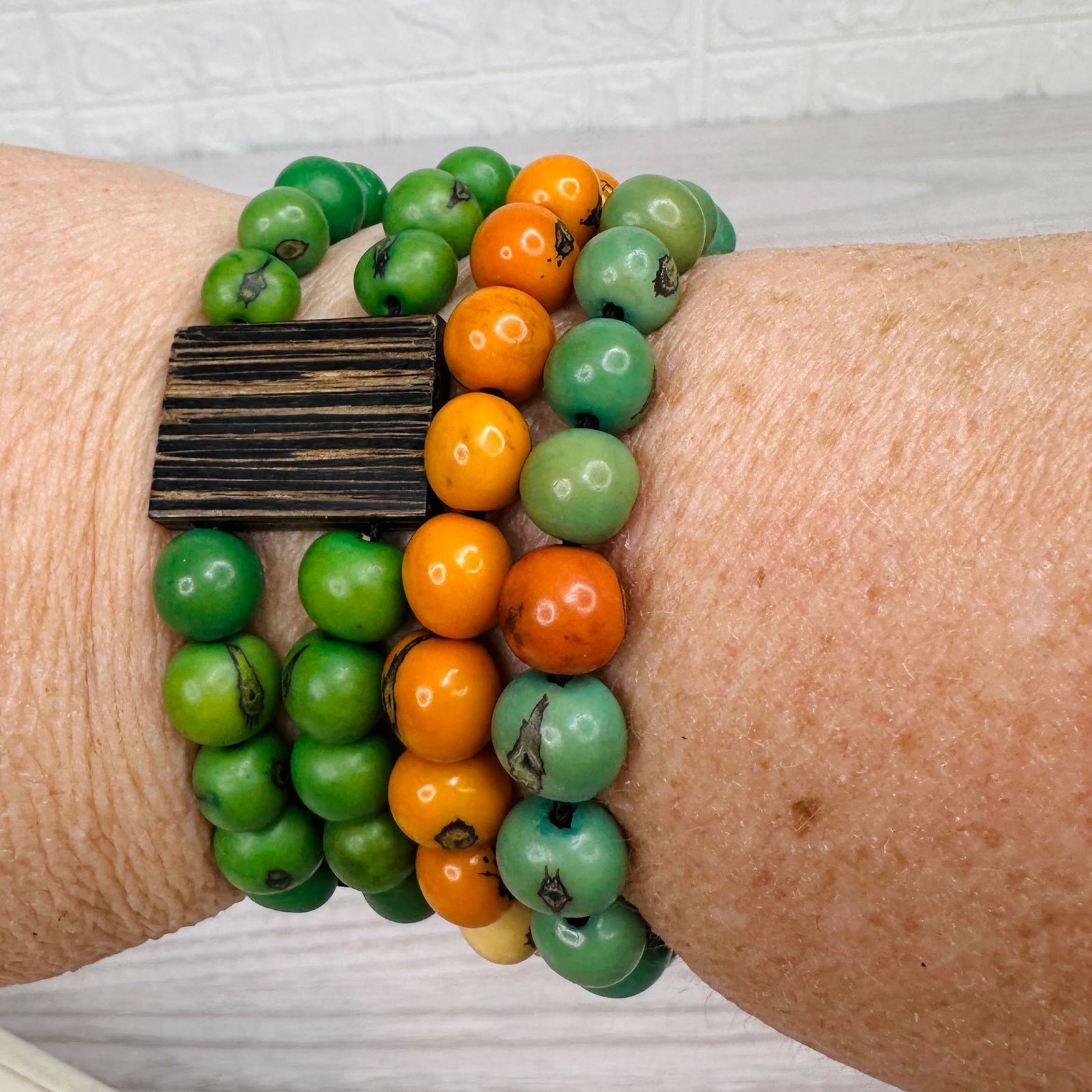 Set of 3 Lucky Wooden Beads Bracelet Orange Green Elastic Fashion Protection
