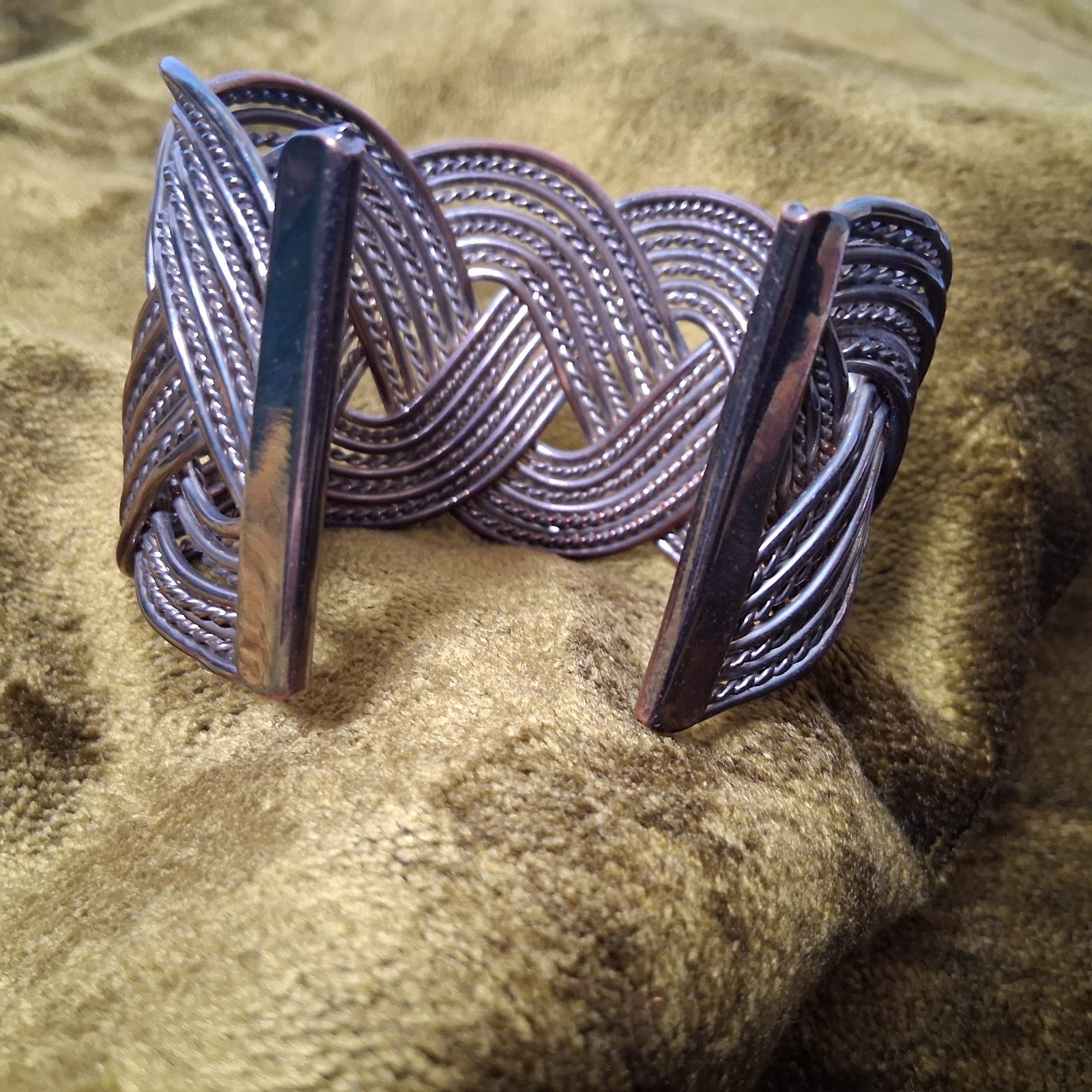 Braided Metal Cuff Bracelet Slip On Chunky Metal Jewelry Coil Boho 2″ Wide