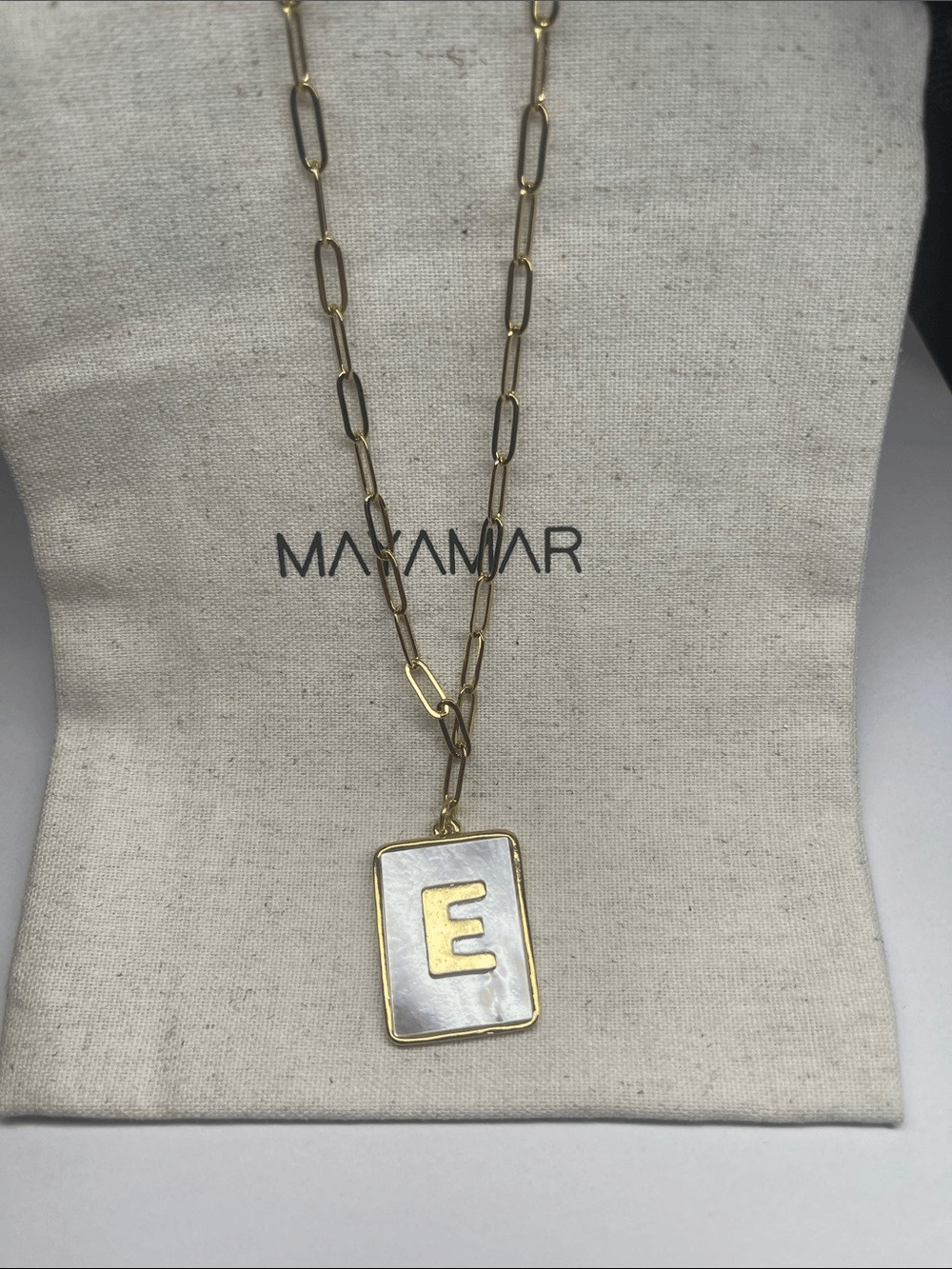 Gold E Rectangle Pendant Paperclip Necklace with Mother-of-Pearl by Mayamar
