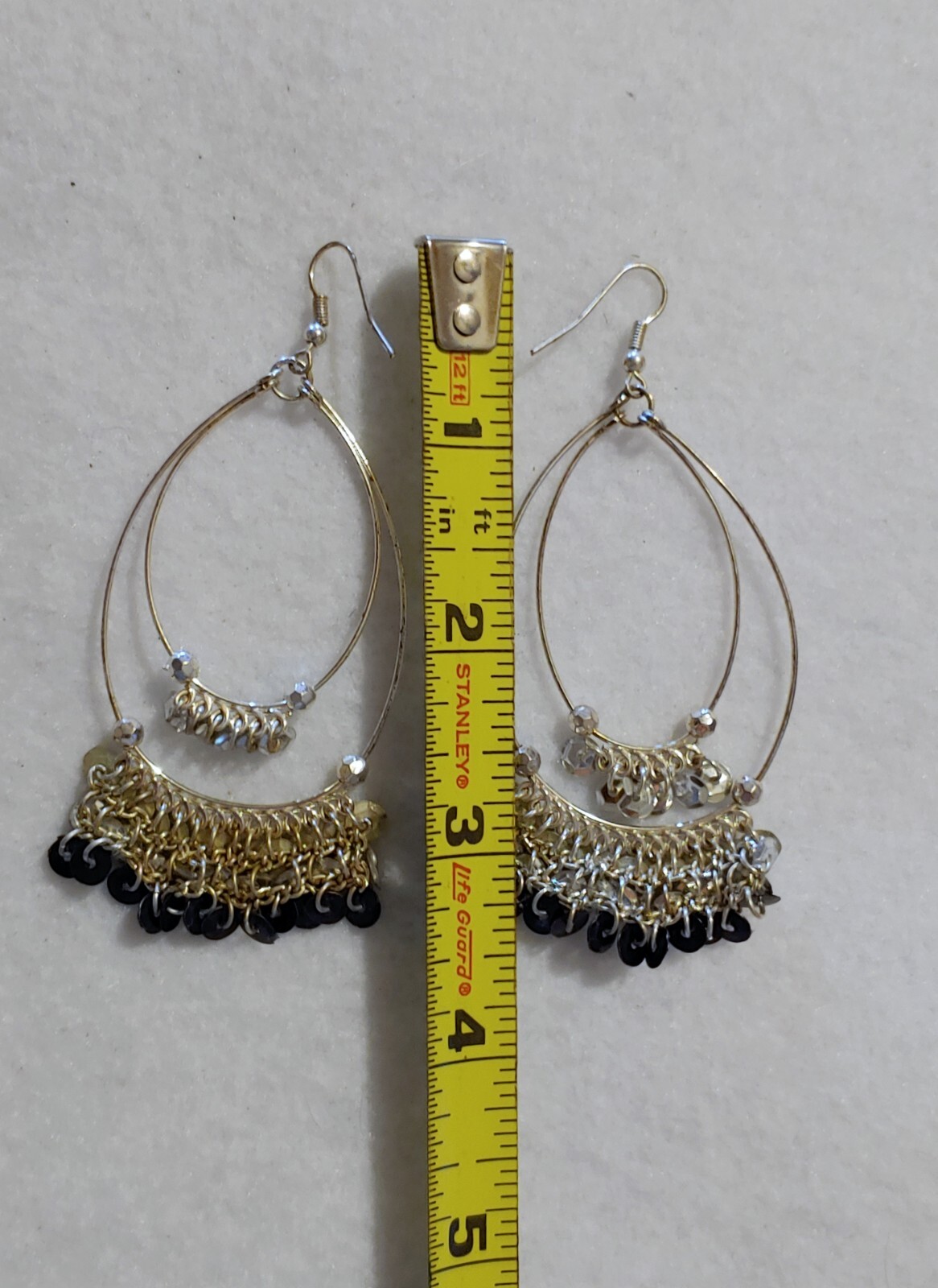 Pierced Earrings Silvertone Dangling Double Teardrop chain beaded as seen in pic