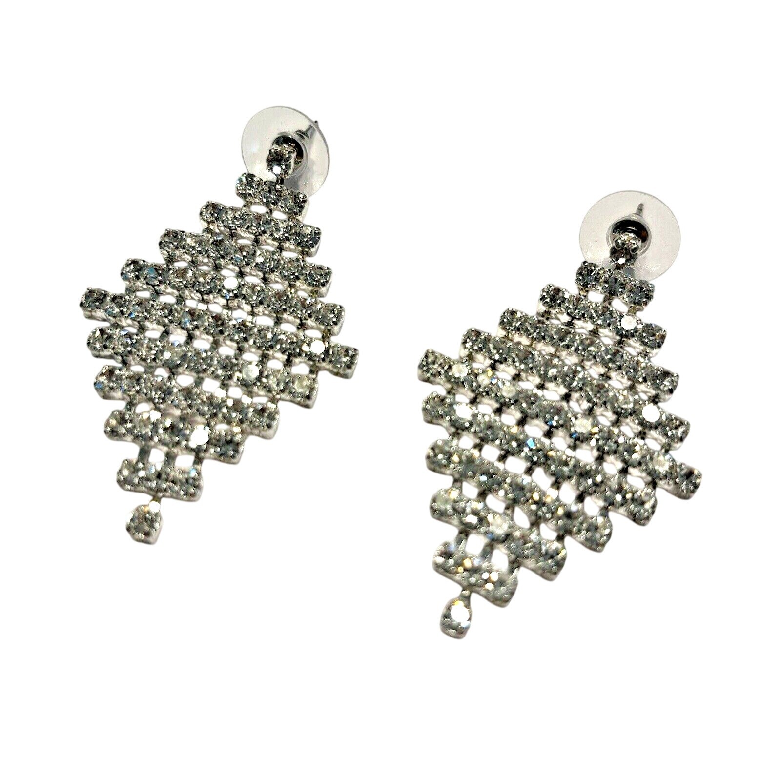 Silver Pierced Earrings Clear White Rhinestones Mesh Drop & Dangle Disco Fashion