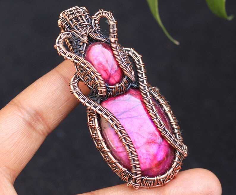 Pink Fire Labradorite Copper Wire Wrap Pendant Jewelry Birth Gift Pendant N8