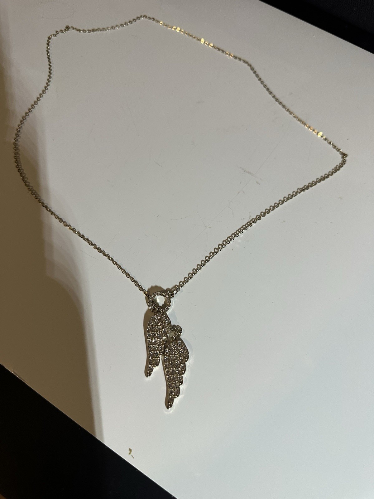 Lot of 2 Crystal Rhinestone Angel Wing Pendant Necklaces, Silver & Gold Tone