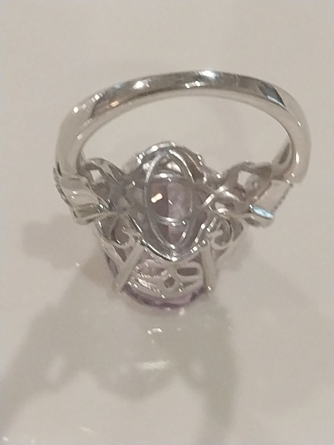 Karis Rose De France Amethyst, White Zircon Floral Rng PlatBond, sz 9, TCW= 9.70