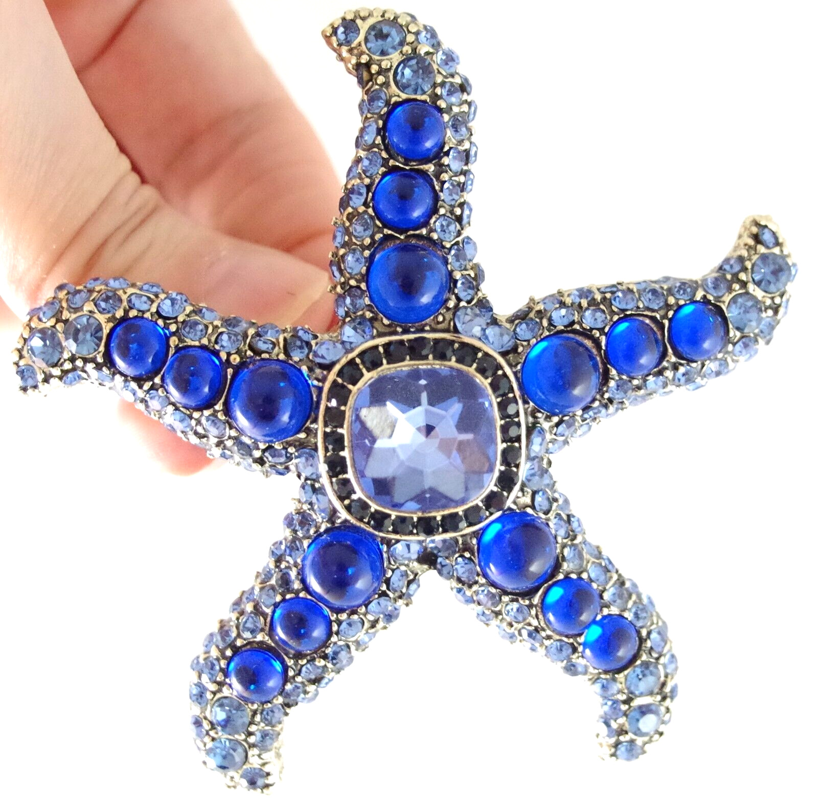BIG UNSIGNED KENNETH JAY LANE INSPIRED BLUE RHINESTONE GLASS CAB STARFISH BROOCH
