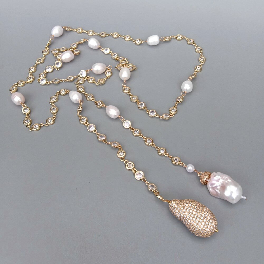 47″ 7mm White Baroque Pearl Cz Pave Rosary Chain Loop Long Necklace