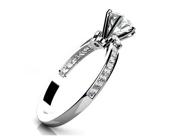 Simulated Diamond Three Stone Side Accent Engagement Ring 14K White Gold Plated