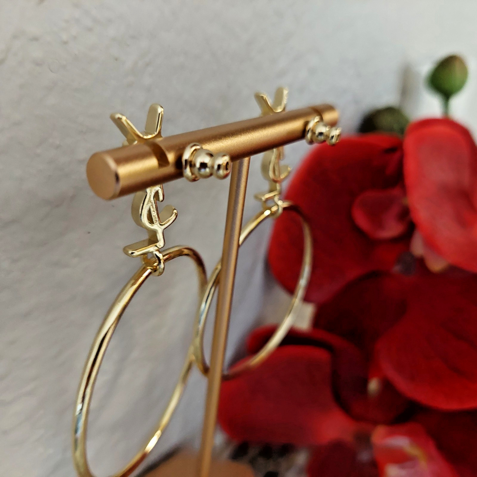 Auth. YVES SAINT LAURENT YSL Large Dangle HOOP EARRINGS Gold Logo