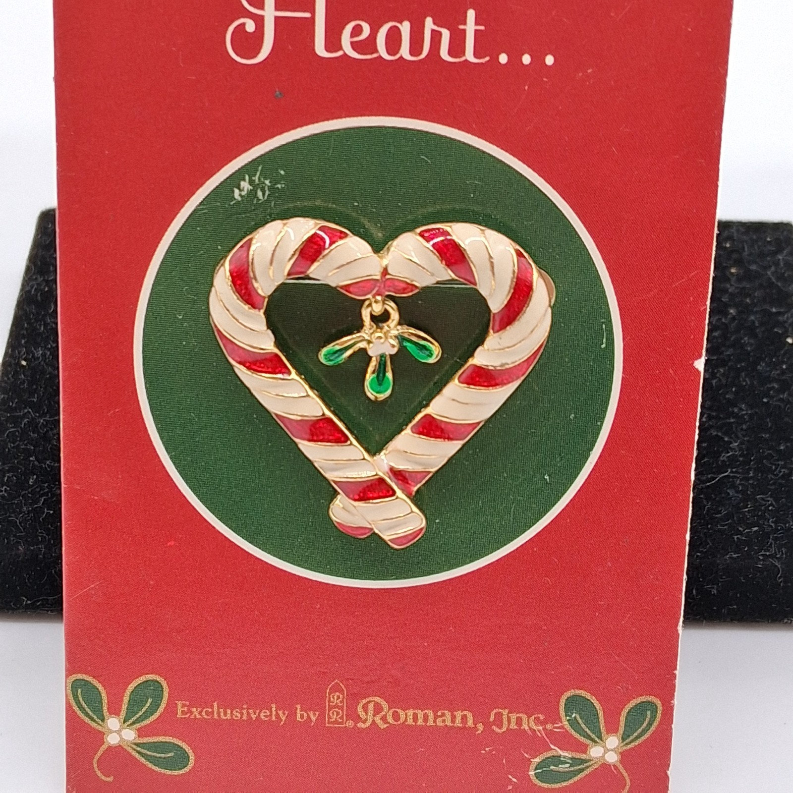 Vintage 1999 Roman Inc Christmas Mistletoe Candy Cane Brooch Pin