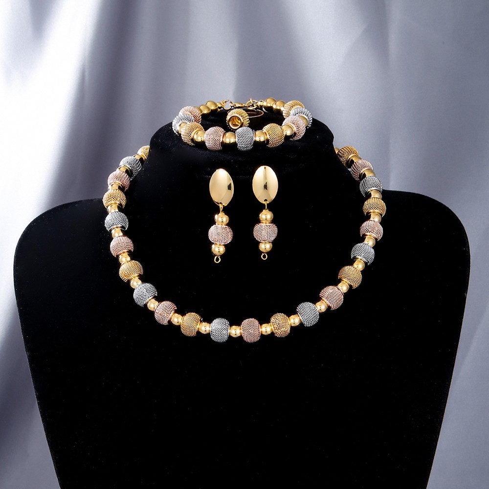 Gold Tone Mesh Ball Jewelry Set – Necklace, Bracelet, Earrings & Ring Set womens