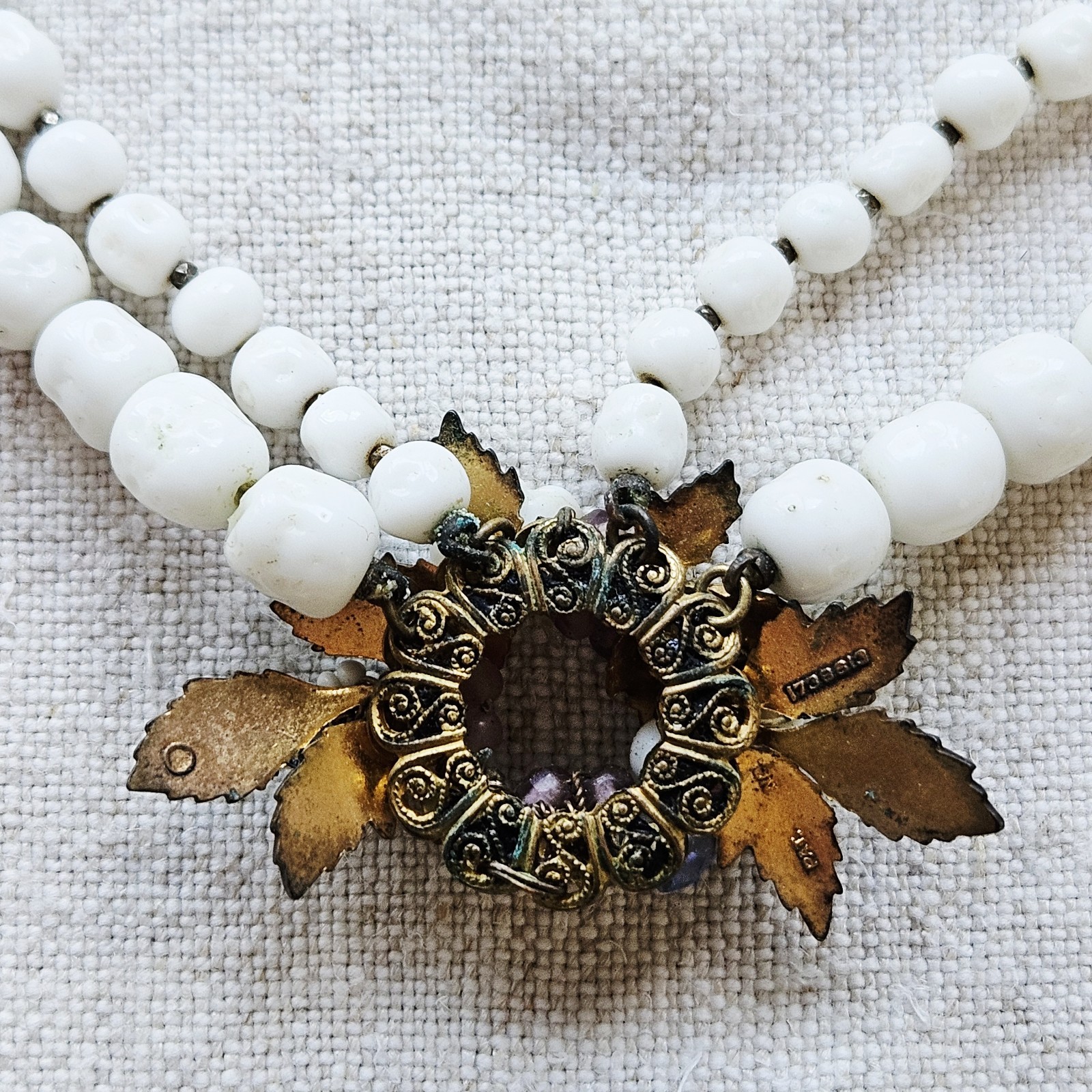 Unsigned Miriam Haskell Floral Pendant Double Strand Milk Glass Beaded Necklace