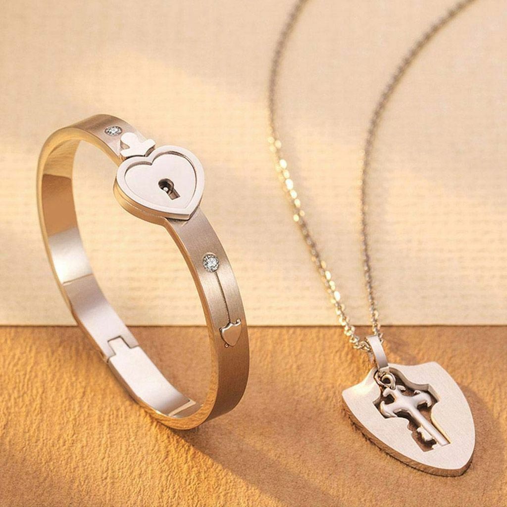 Couple Stainless Steel Love Heart Lock Bracelet with Key Pendant Necklace Set