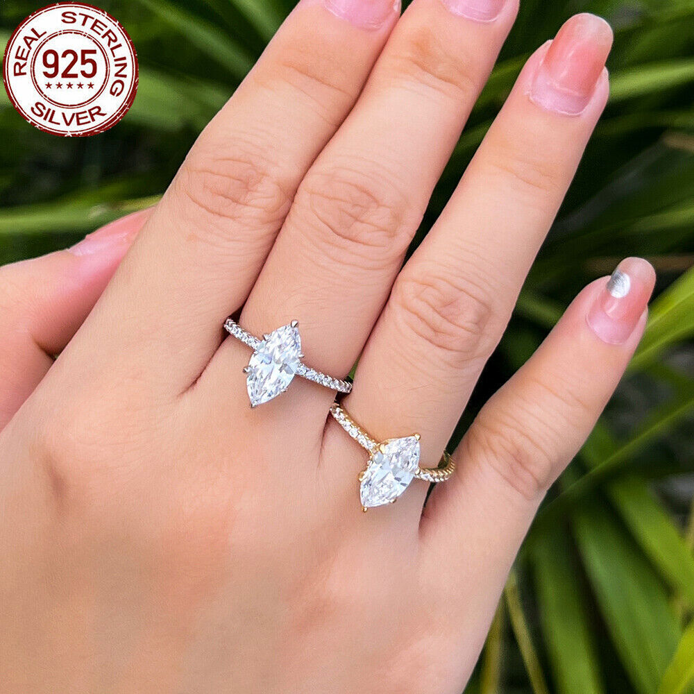 925 Sterling Silver Ring Gold Plated CZ White Marquise Cut Wedding Engagement