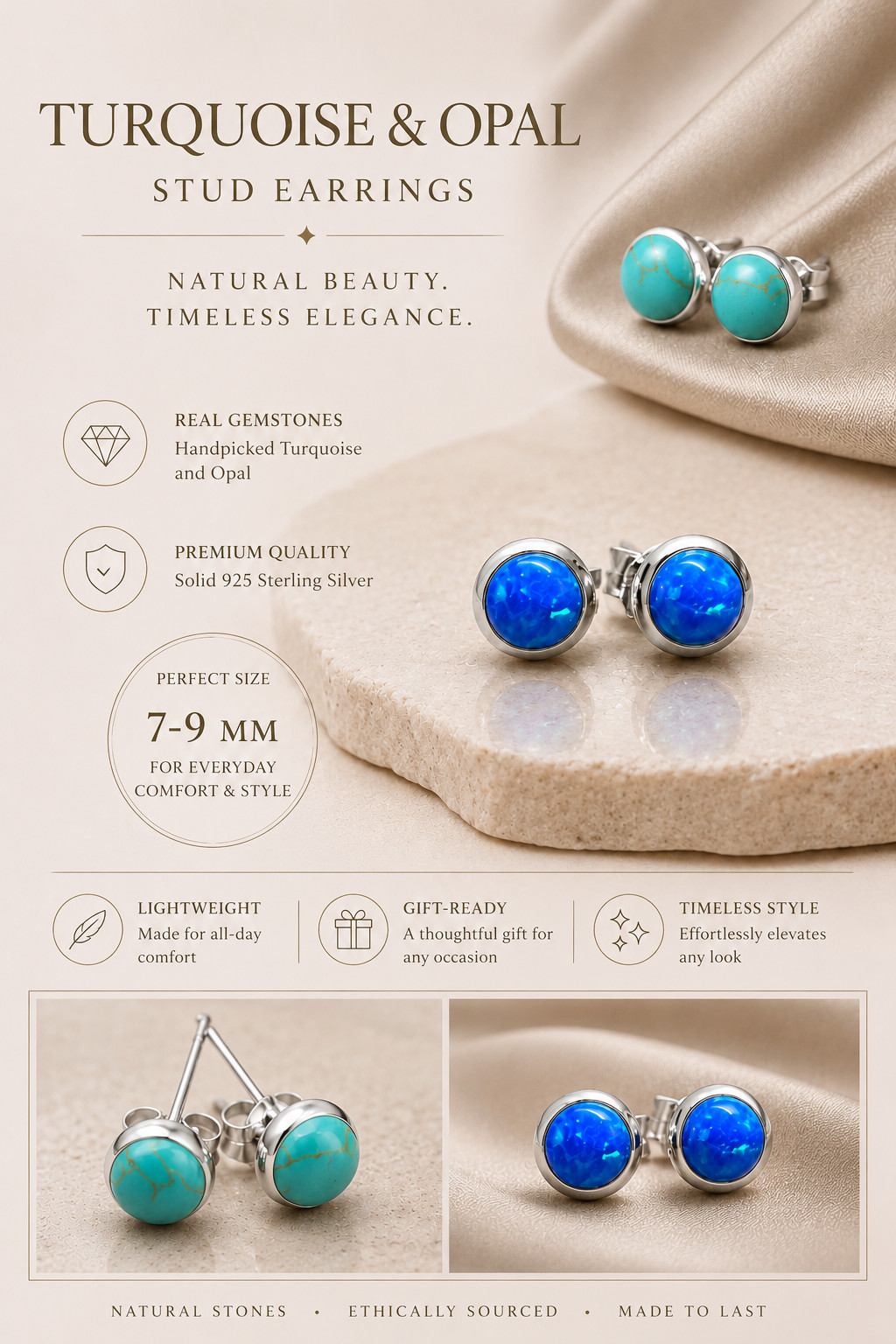 Fashion Jewelry 925 Sterling Silver Turquoise, Blue Stud Earrings Round Minim