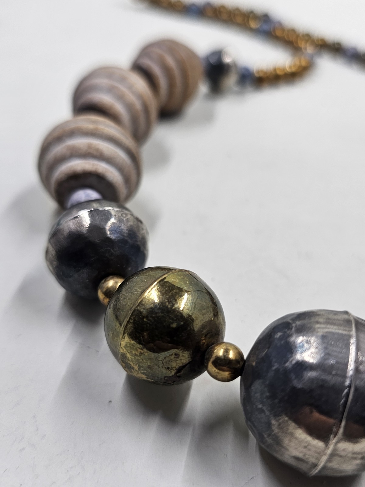 Vtg Bold Statement Necklace Carved Wood Sodalite Hammered Brass Silver Beads