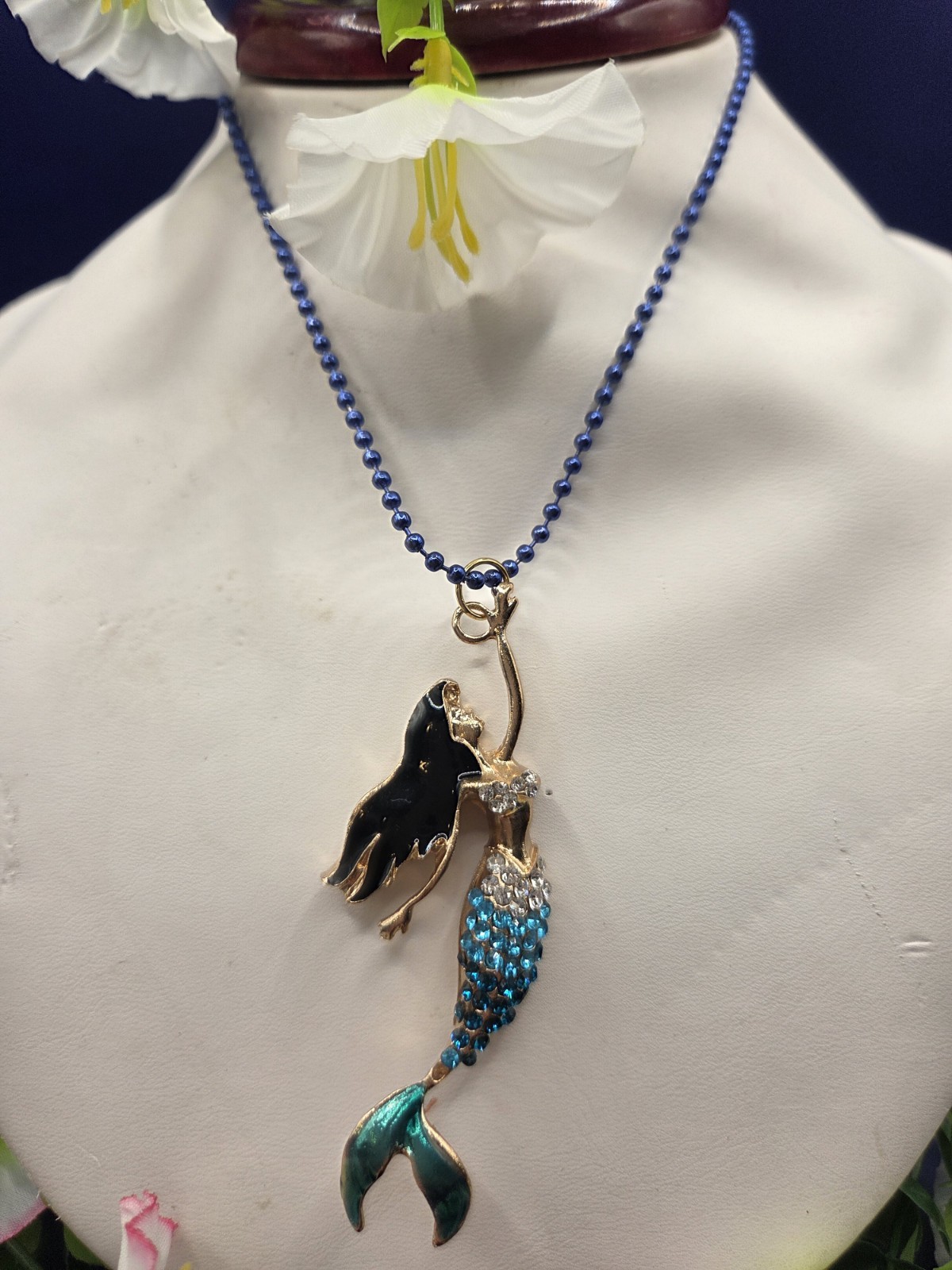 Betsey Johnson Blue Mermaid 3″ Pendant Rhinestone Necklace New Without Tags
