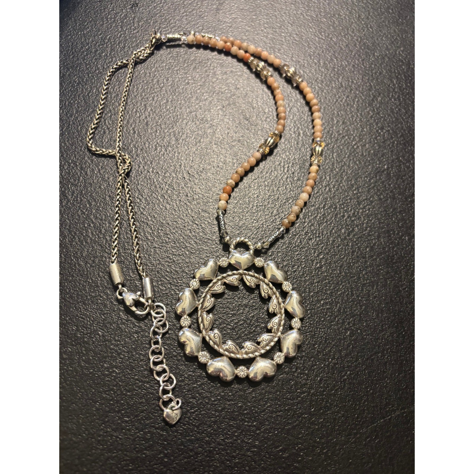Brighton Silver Tone Heart Wreath Pendant Beaded Wheat Chain Necklace Adjustable
