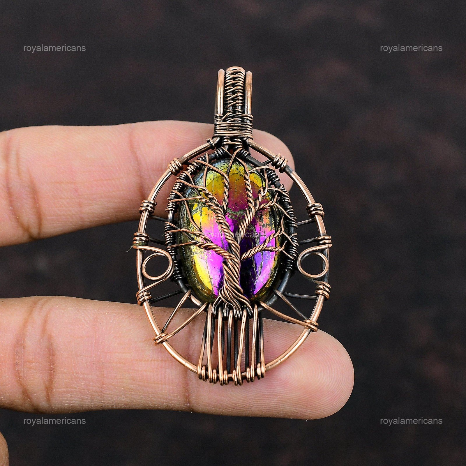 Mystic Fire Labradorite Stone Copper Mother’s Day Tree Of Life Pendant Jewelry