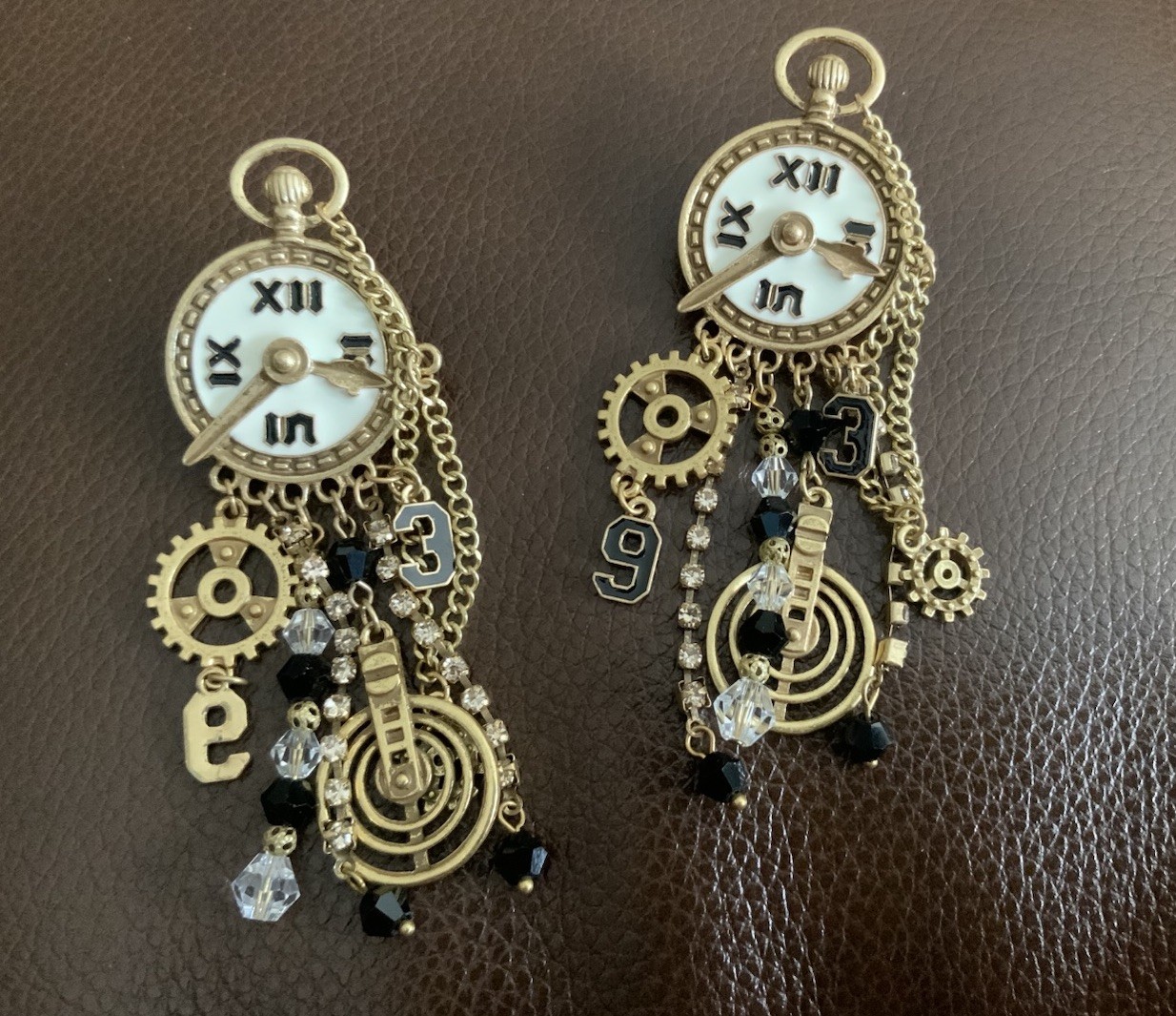 Museum Retro Clock Earrings Gold Chain CZ Steampunk Statement Art Boho Gear VTG