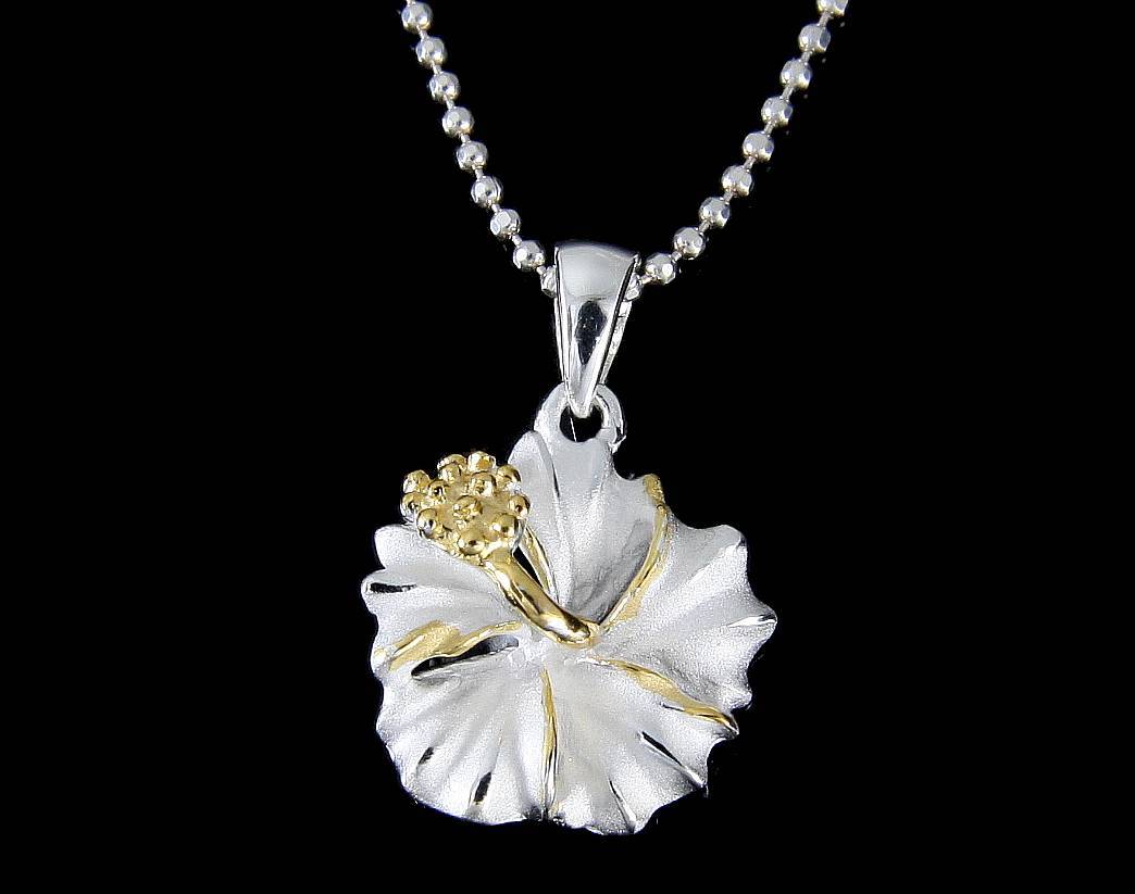 YELLOW GOLD PLATED 2TONE SILVER 925 HAWAIIAN HIBISCUS FLOWER PENDANT 12MM – 25MM