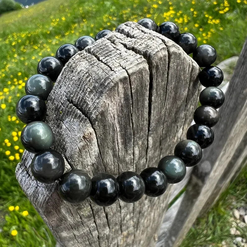 12mm Handmade Rainbow Obsidian Beaded Bracelet Love Reiki Unisex Gift Woman Man
