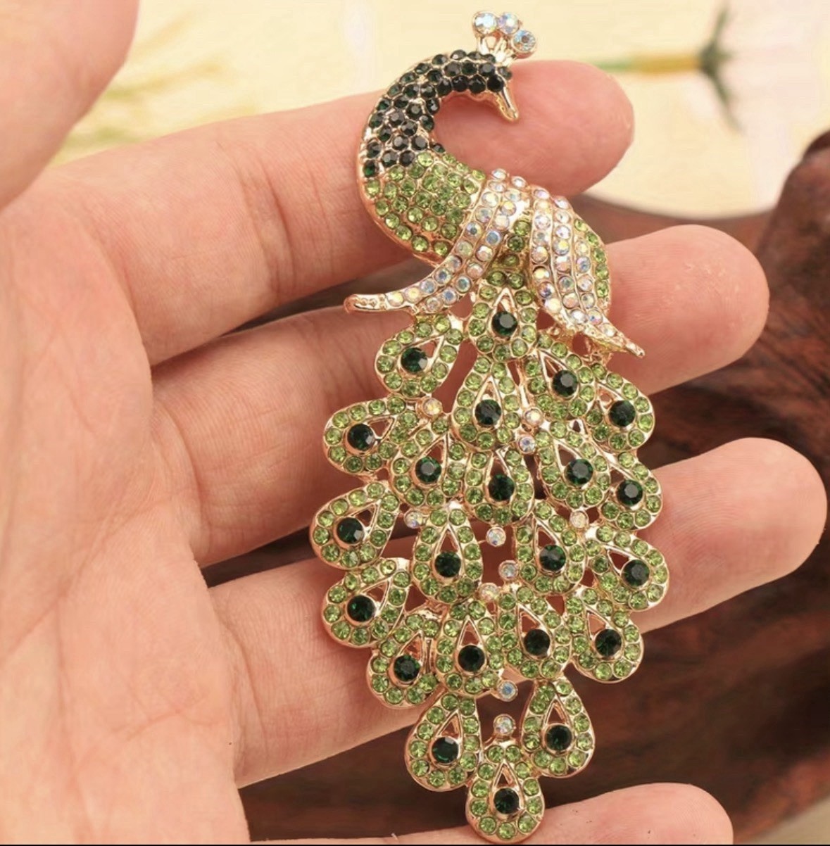 Peacock Green Rhinestone Brooch Pin Elegant Statement Jewelry