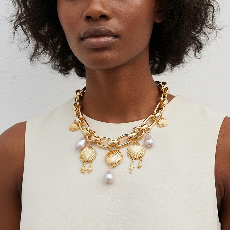 Chunky Statement Necklace Gold Pearl Seashells Beautiful Beach Cruise Tropics