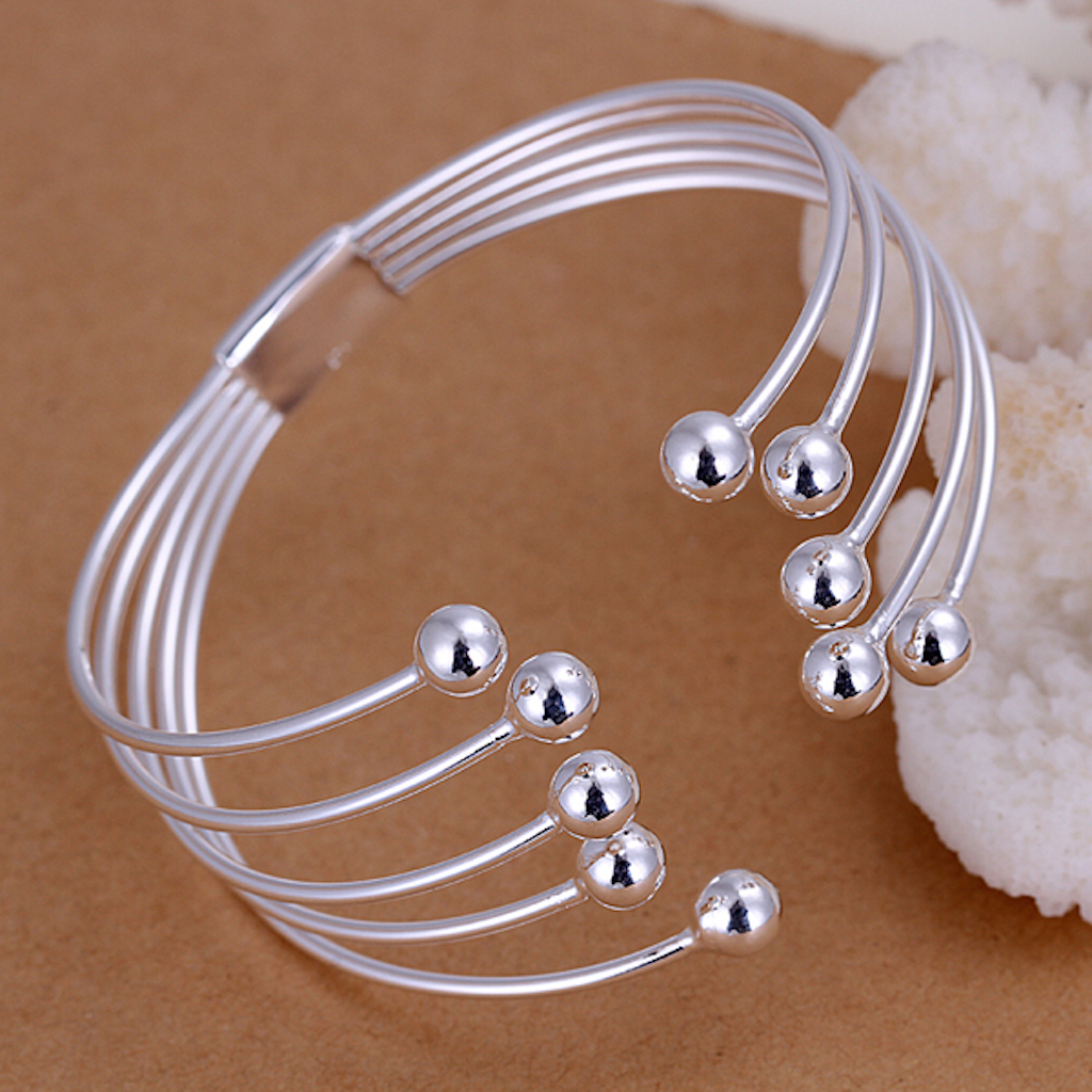 Unisex Men Womens 925 Sterling Silver Cuff Bangle Beads Bracelet L88