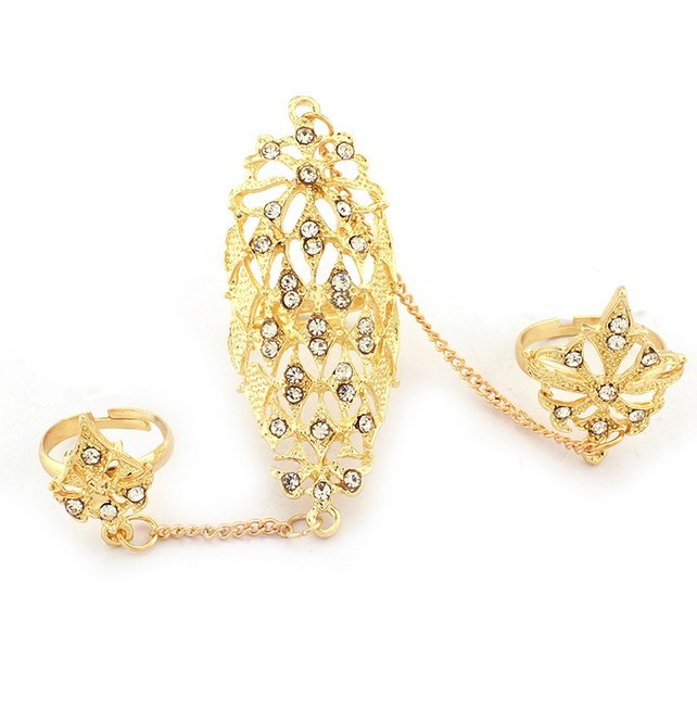 Gold Rhinestone Flower Hallow Slave Chain Link Flexible Rings Joint Fingers AK