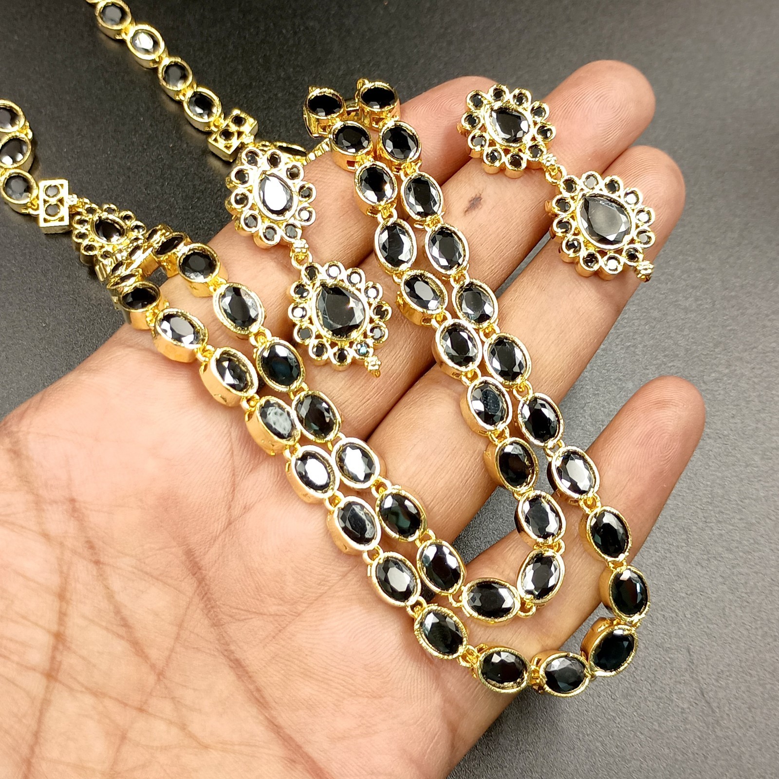 Boho 2 Layer Black Onyx Bead Necklace Set 22K Yellow Gold Plated Oval Stone Set