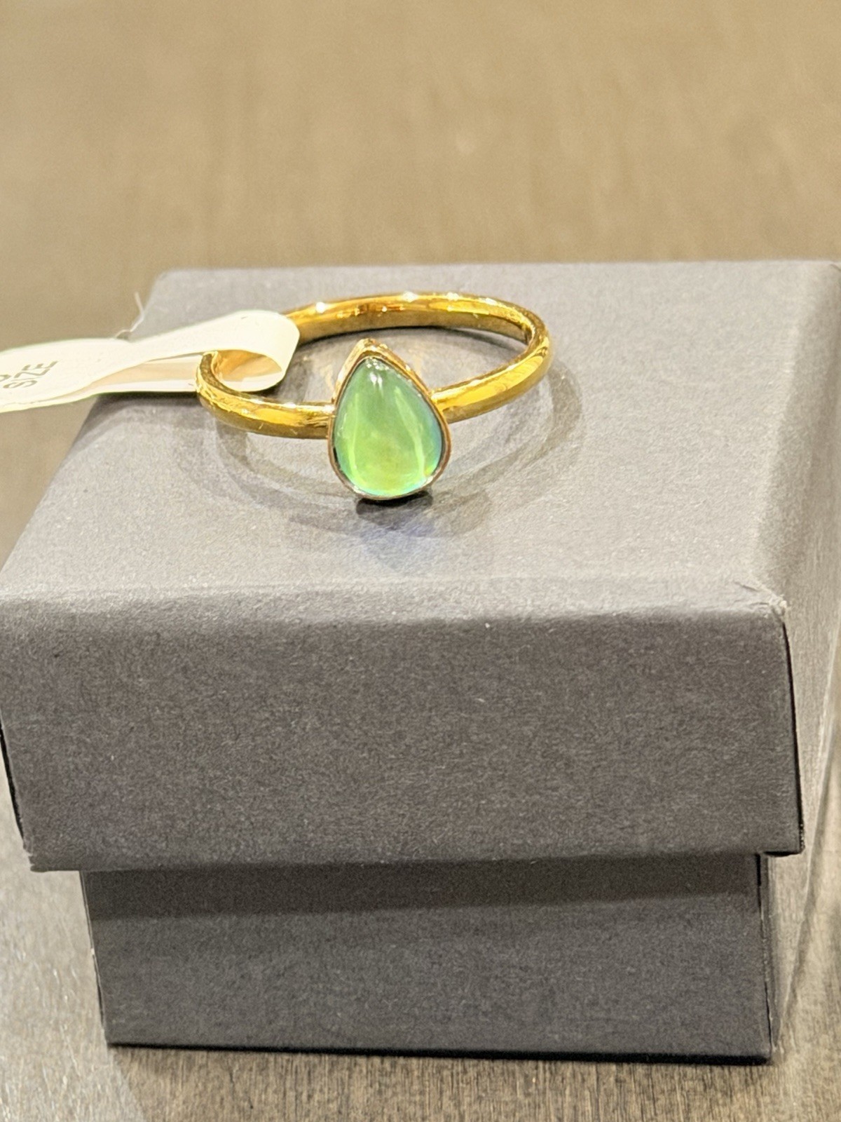 Teardrop Stone Pear Shape Bezel Stainless Steel Gold Mood Ring Size 10