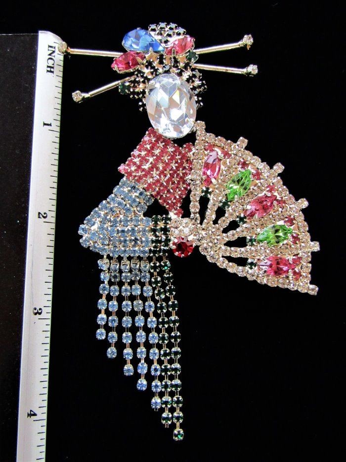 BEAUTIFUL Large Rhinestone Geisha Asian Fringe Kimono Fan Movement Brooch Pin